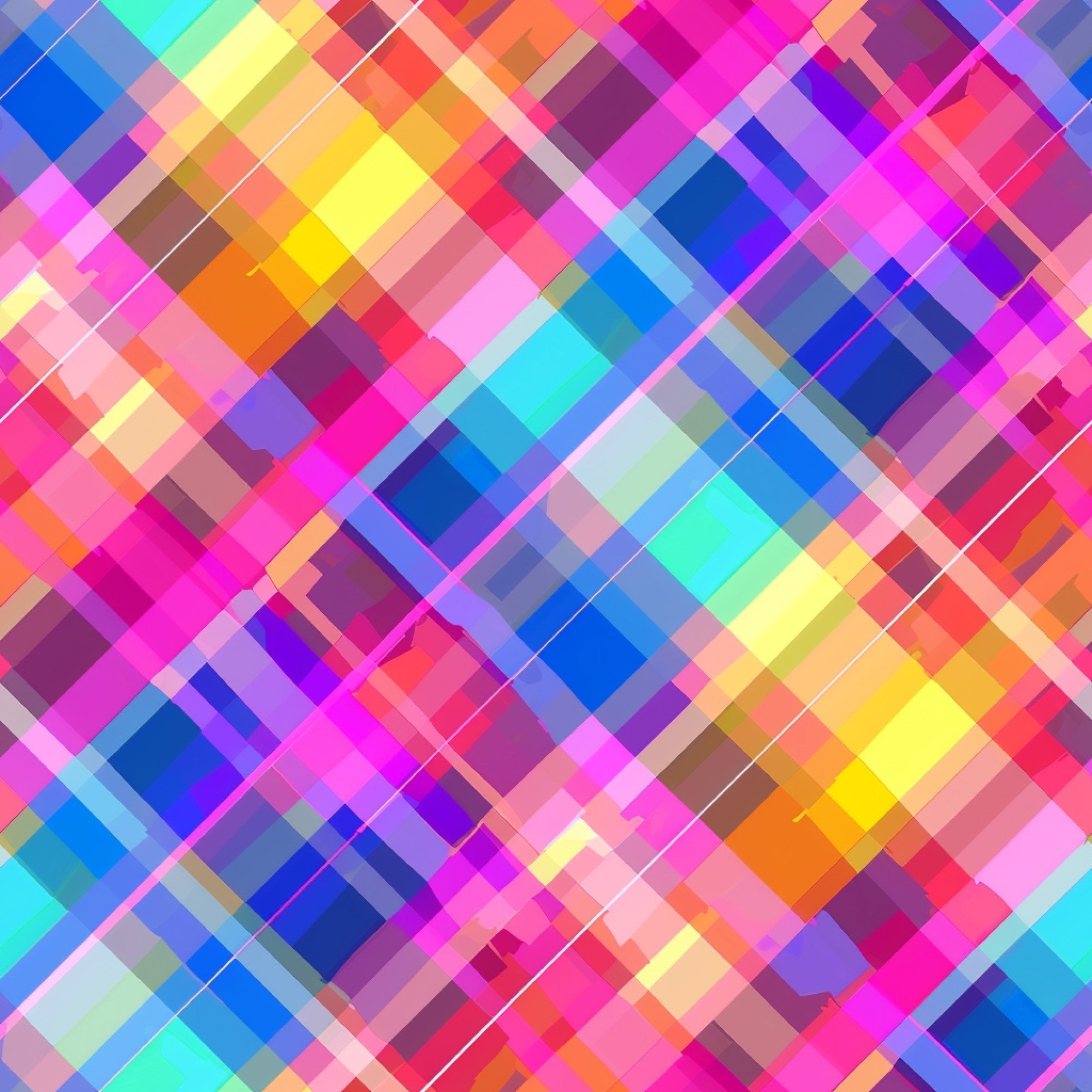 neon colors, bright pink, electric blue, vibrant yellow, cyan, magenta, geometric pattern, diagonal plaid, pixelated design, digital gingham, overlapping squares, rainbow spectrum, modern abstract, high contrast,, fabric panel, contemporary style, energetic mood, craft material, patchwork suitable