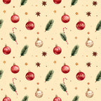 crimson red, cream, beige, gold, forest green, dark red, candy cane, christmas, holiday, festive, ornaments, baubles, evergreen branches, pine needles, star anise, spice, candy canes, decorative stars, winter, seasonal, elegant, traditional, vintage, whimsical, classic christmas, home decor, seasonal decoration, gift fabric, celebration