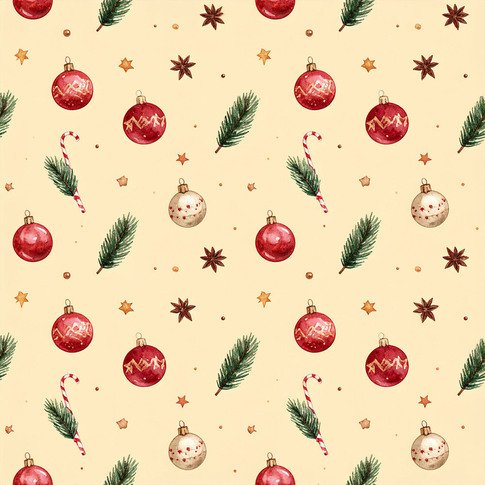 crimson red, cream, beige, gold, forest green, dark red, candy cane, christmas, holiday, festive, ornaments, baubles, evergreen branches, pine needles, star anise, spice, candy canes, decorative stars, winter, seasonal, elegant, traditional, vintage, whimsical, classic christmas, home decor, seasonal decoration, gift fabric, celebration