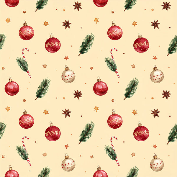 crimson red, cream, beige, gold, forest green, dark red, candy cane, christmas, holiday, festive, ornaments, baubles, evergreen branches, pine needles, star anise, spice, candy canes, decorative stars, winter, seasonal, elegant, traditional, vintage, whimsical, classic christmas, home decor, seasonal decoration, gift fabric, celebration