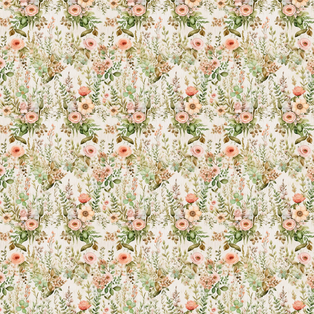 blush pink, sage green, cream background, floral pattern, roses, botanical elements, leaves, branches, repeating motif, watercolor style, vintage inspired, romantic florals,, fabric panel, english garden, soft pastels, delicate flowers, nature theme, seamless design, feminine aesthetic