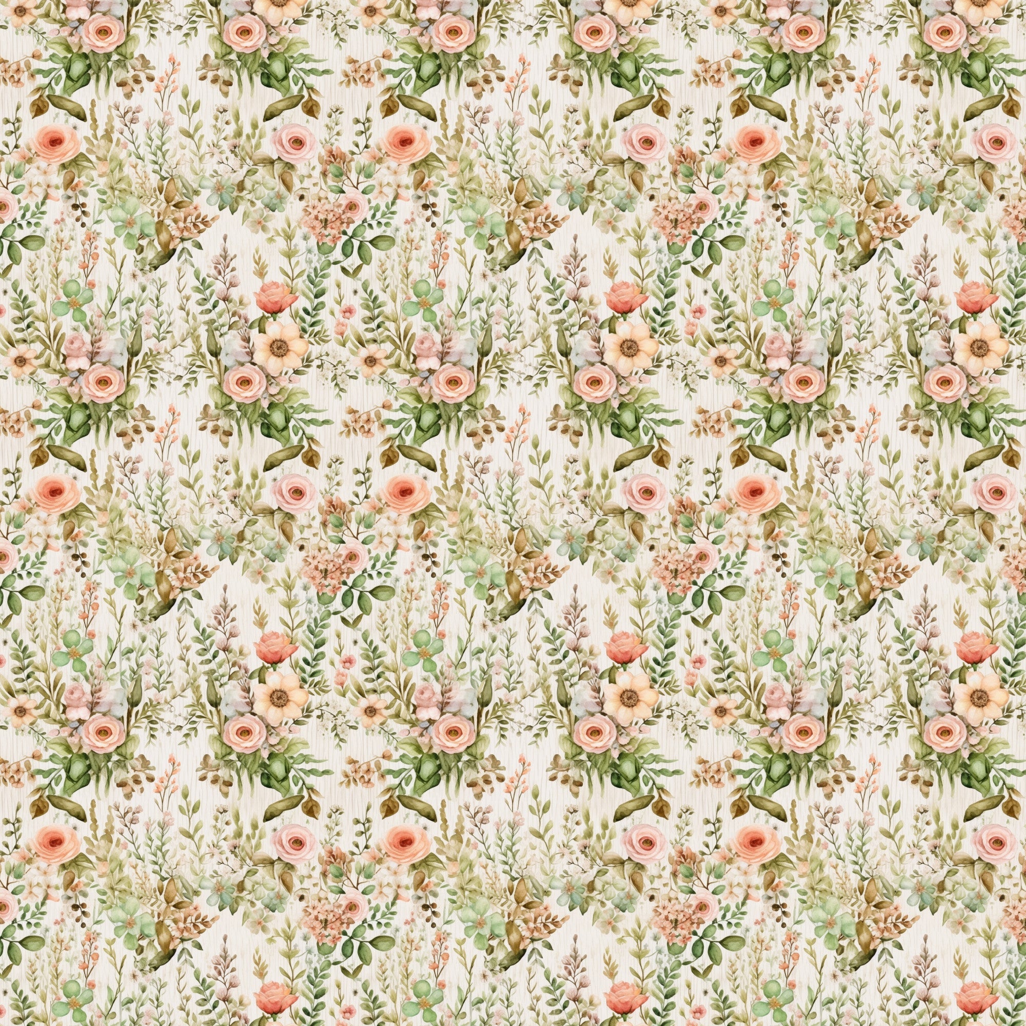 blush pink, sage green, cream background, floral pattern, roses, botanical elements, leaves, branches, repeating motif, watercolor style, vintage inspired, romantic florals,, fabric panel, english garden, soft pastels, delicate flowers, nature theme, seamless design, feminine aesthetic