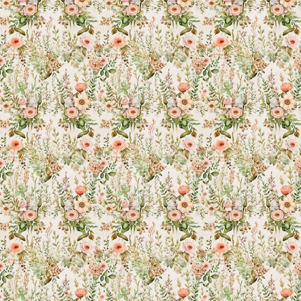 blush pink, sage green, cream background, floral pattern, roses, botanical elements, leaves, branches, repeating motif, watercolor style, vintage inspired, romantic florals,, fabric panel, english garden, soft pastels, delicate flowers, nature theme, seamless design, feminine aesthetic