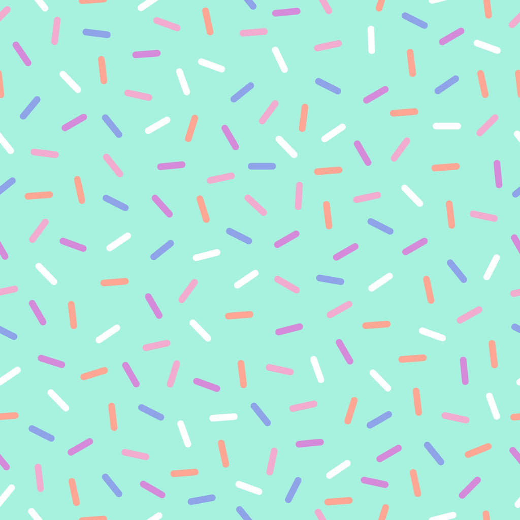 rainbow sprinkles, mint green background, colorful sprinkles, candy pattern, dessert theme, small scattered shapes, pink sprinkles, purple sprinkles, orange sprinkles, white sprinkles,, fabric panel, sweet treats, confetti design, bakery inspired, playful pattern, bright colors, food motif, cheerful design, scattered elements
