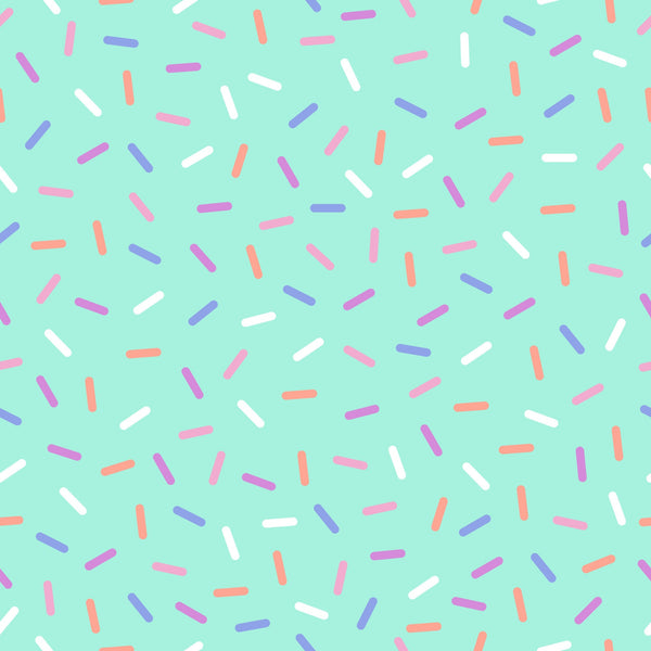 rainbow sprinkles, mint green background, colorful sprinkles, candy pattern, dessert theme, small scattered shapes, pink sprinkles, purple sprinkles, orange sprinkles, white sprinkles,, fabric panel, sweet treats, confetti design, bakery inspired, playful pattern, bright colors, food motif, cheerful design, scattered elements