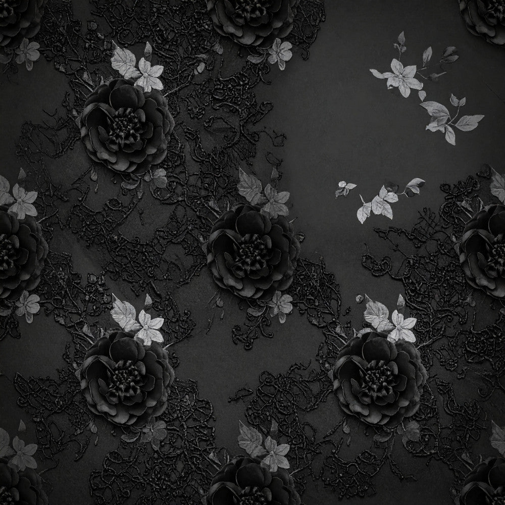black, charcoal gray, grayscale, monochrome, floral, roses, botanical, nature, elegant, gothic, dark romantic, moody, ornate, lace-inspired, vintage, romantic, dramatic, dimensional, textured, dimensional flowers, small florals, layered petals, intricate details, sophisticated, dark aesthetic, classic, timeless