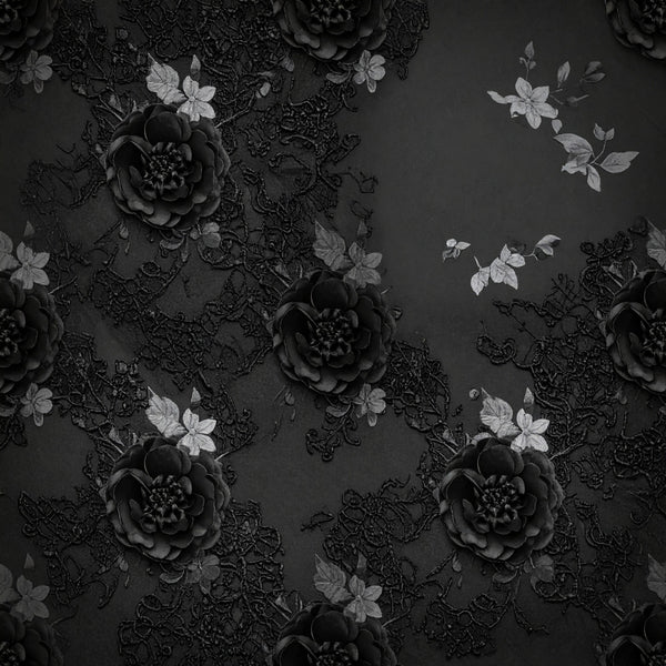 black, charcoal gray, grayscale, monochrome, floral, roses, botanical, nature, elegant, gothic, dark romantic, moody, ornate, lace-inspired, vintage, romantic, dramatic, dimensional, textured, dimensional flowers, small florals, layered petals, intricate details, sophisticated, dark aesthetic, classic, timeless