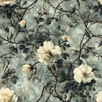 cream roses, white flowers, thorny vines, gray background, muted green leaves, botanical pattern, vintage floral, watercolor style, rose bushes, bramble roses, soft pastels, romantic florals,, fabric panel, dusty blue, sage green, cream petals, thorny stems, wild roses, cottage garden