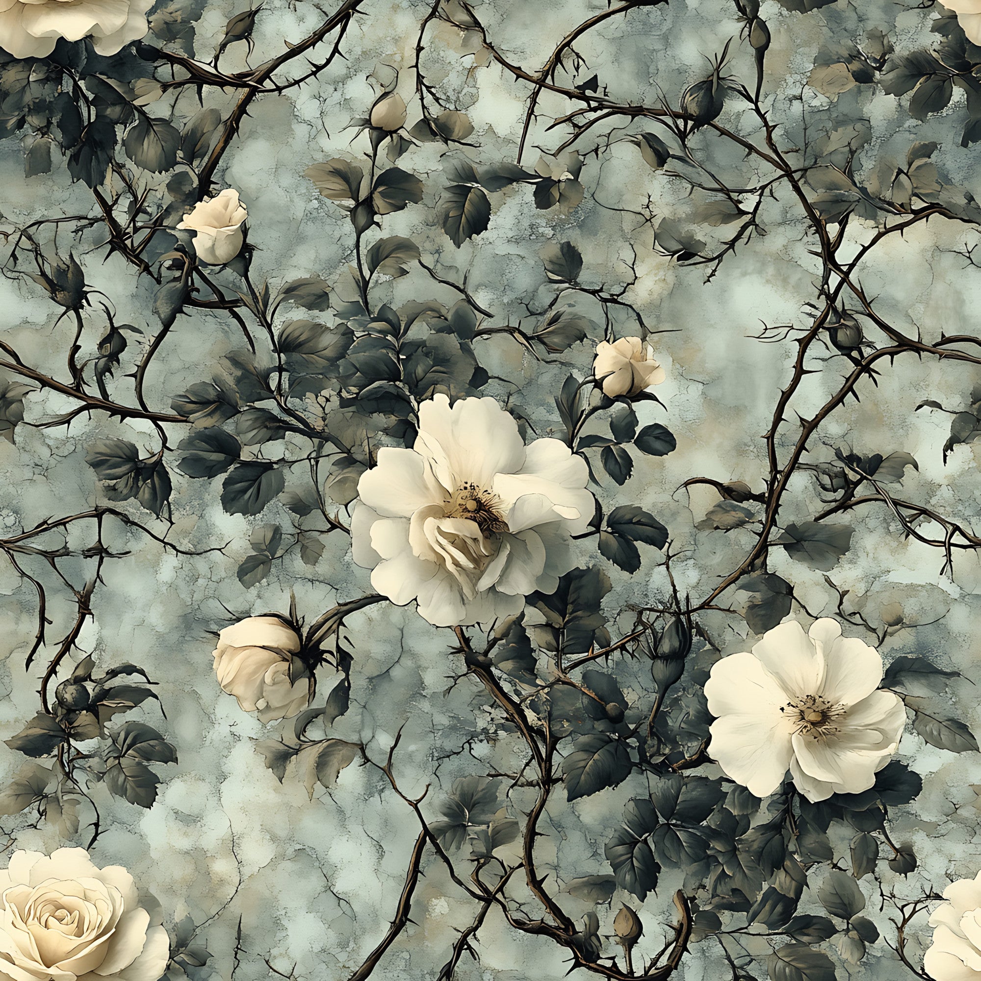 cream roses, white flowers, thorny vines, gray background, muted green leaves, botanical pattern, vintage floral, watercolor style, rose bushes, bramble roses, soft pastels, romantic florals,, fabric panel, dusty blue, sage green, cream petals, thorny stems, wild roses, cottage garden