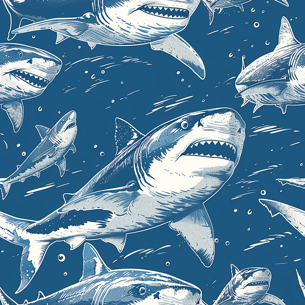 blue, navy, white, sharks, marine life, ocean, underwater, swimming, circling, repetitive pattern, sea creatures, predators, nautical, aquatic,, fabric panel, sketched style, illustrated, water bubbles, fins, teeth