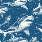 blue, navy, white, sharks, marine life, ocean, underwater, swimming, circling, repetitive pattern, sea creatures, predators, nautical, aquatic,, fabric panel, sketched style, illustrated, water bubbles, fins, teeth