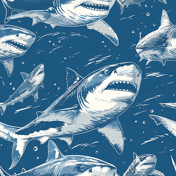 blue, navy, white, sharks, marine life, ocean, underwater, swimming, circling, repetitive pattern, sea creatures, predators, nautical, aquatic,, fabric panel, sketched style, illustrated, water bubbles, fins, teeth