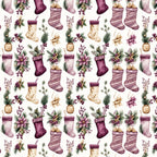 plum purple, dusty rose, mauve, cream, beige, tan, burgundy, wine red, christmas, holiday, festive, stockings, evergreen, berries, floral, botanical, elegant, traditional, vintage, pine branches, decorative bows, gold accents, winter, seasonal, home decor, dimensional, ornate, classic holiday theme