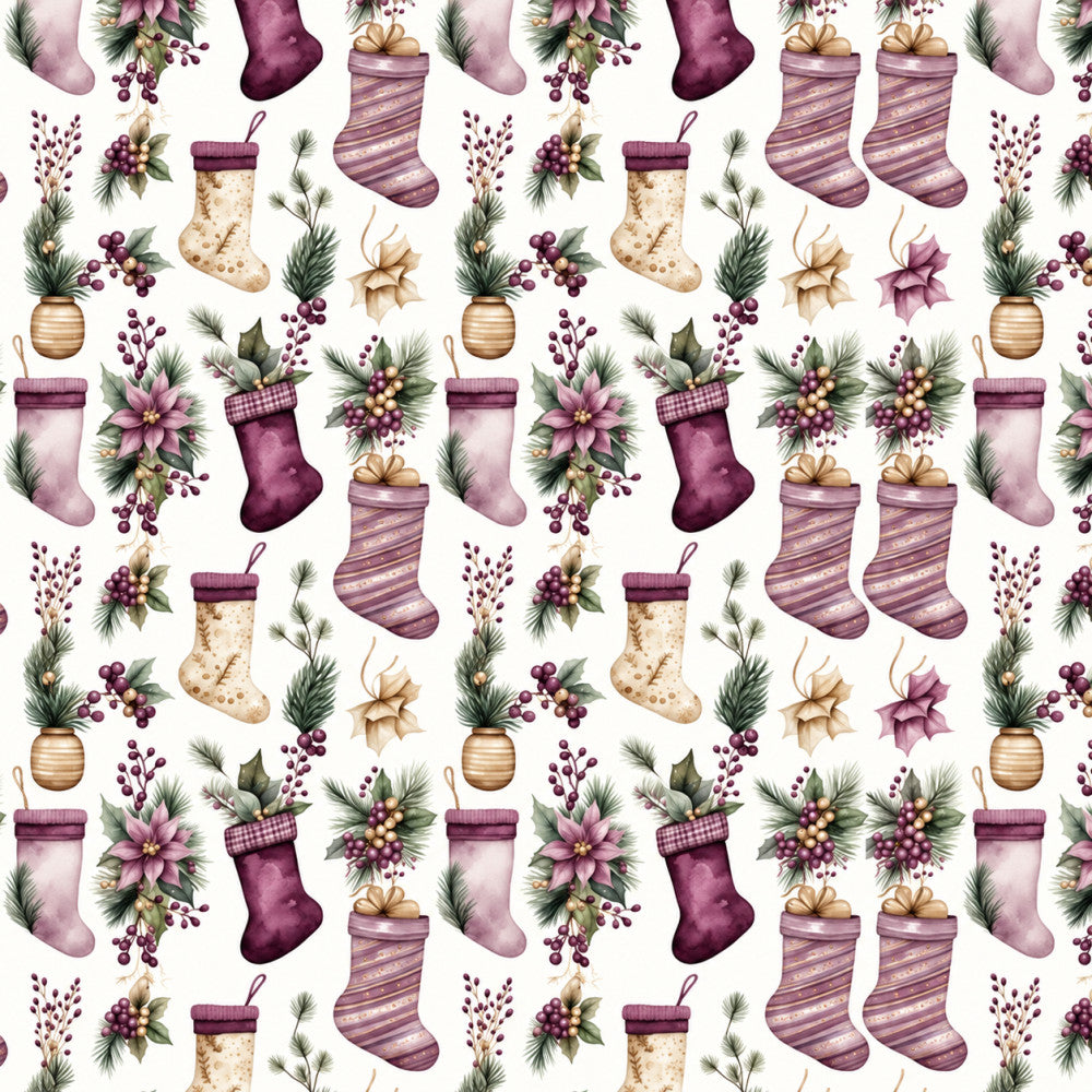 plum purple, dusty rose, mauve, cream, beige, tan, burgundy, wine red, christmas, holiday, festive, stockings, evergreen, berries, floral, botanical, elegant, traditional, vintage, pine branches, decorative bows, gold accents, winter, seasonal, home decor, dimensional, ornate, classic holiday theme