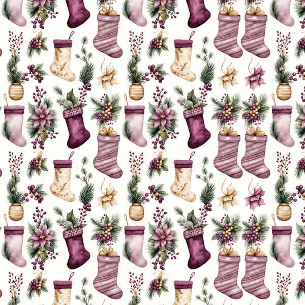 plum purple, dusty rose, mauve, cream, beige, tan, burgundy, wine red, christmas, holiday, festive, stockings, evergreen, berries, floral, botanical, elegant, traditional, vintage, pine branches, decorative bows, gold accents, winter, seasonal, home decor, dimensional, ornate, classic holiday theme