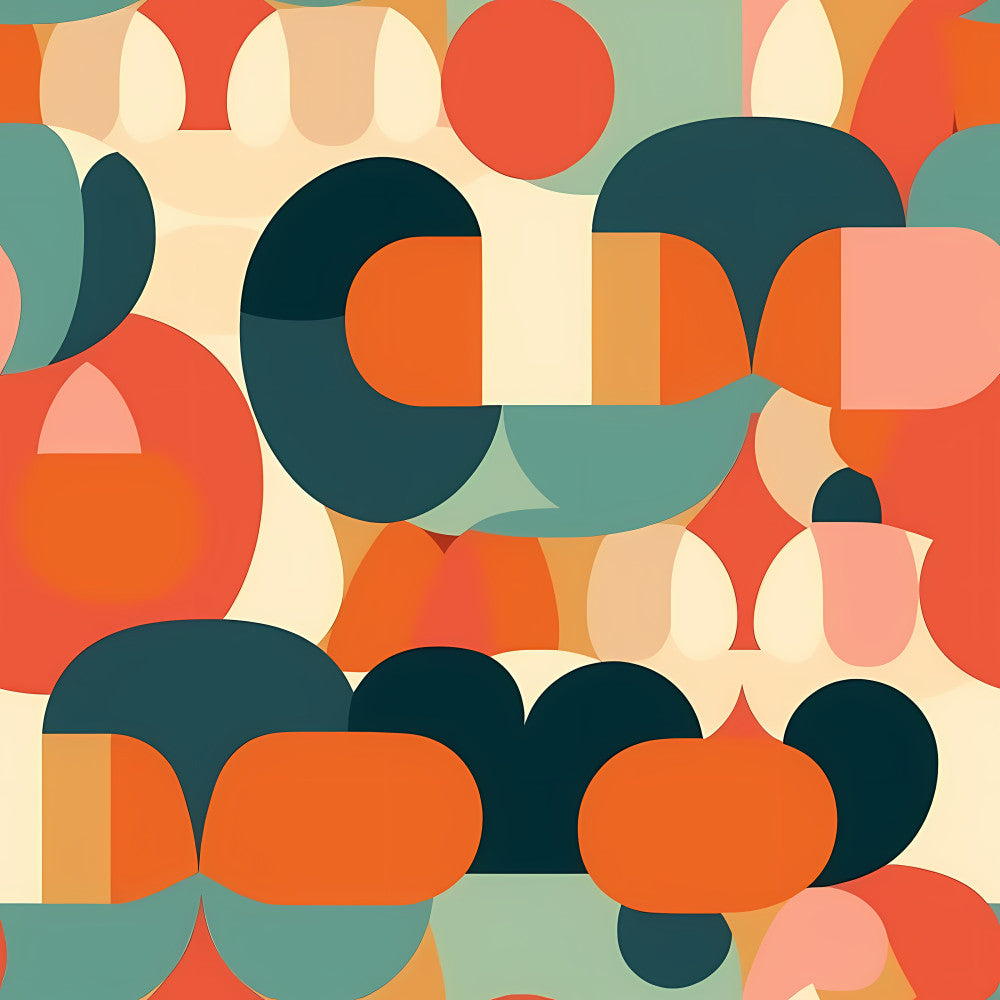 teal, coral, burnt orange, cream, peachy pink, navy blue, geometric, abstract, modern, retro, mid-century, circles, rounded shapes, contemporary, playroom, nursery, kids room, whimsical, vibrant, colorful, boho, fun, cheerful, artistic, contemporary art style, organic shapes, bauhaus, vintage modern, fun and playful, bright colors