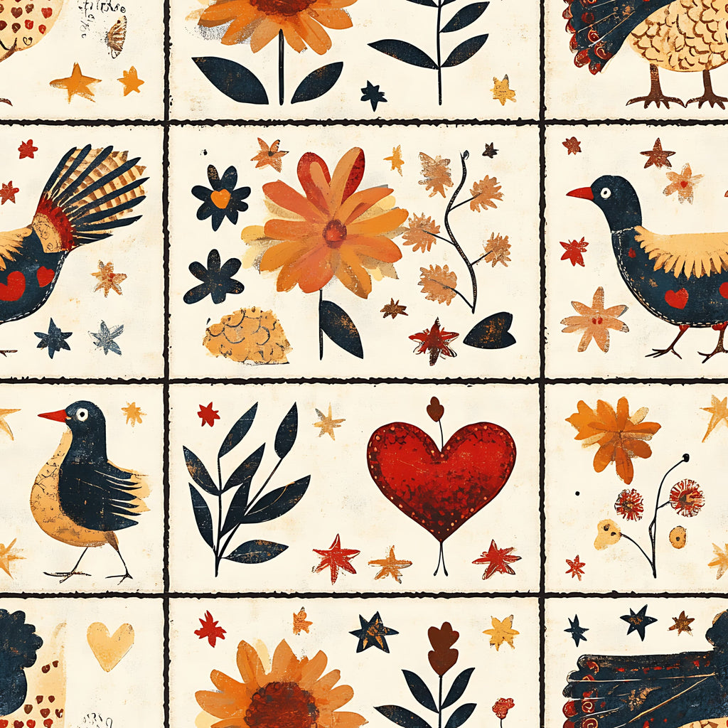 autumn colors, folk art, birds, flowers, hearts, leaves, orange, navy blue, cream, red,, fabric panel, botanical motifs, floral designs, rustic style, country charm, seasonal elements, block pattern, decorative squares, nature inspired