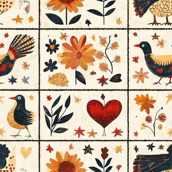 autumn colors, folk art, birds, flowers, hearts, leaves, orange, navy blue, cream, red,, fabric panel, botanical motifs, floral designs, rustic style, country charm, seasonal elements, block pattern, decorative squares, nature inspired