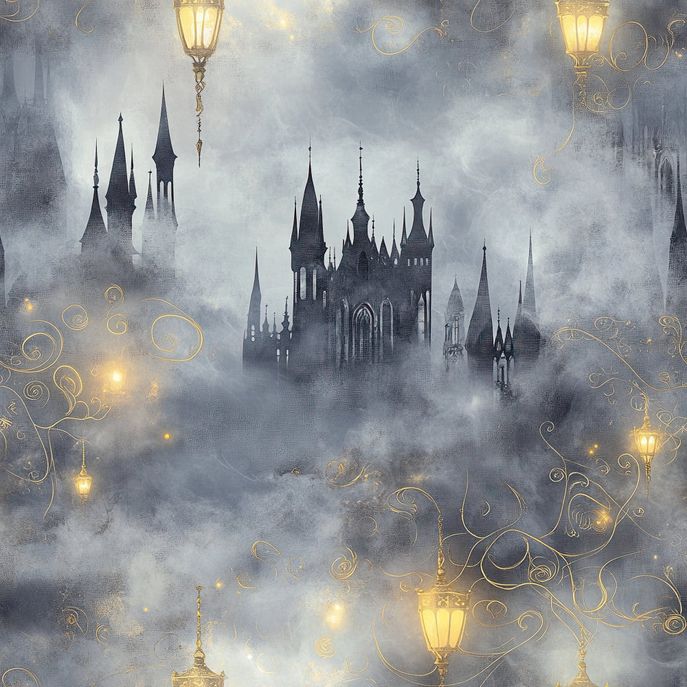 enchanted castle, fairytale, fantasy, misty clouds, gray, charcoal, silver, gold accents, ornate lanterns, magical, whimsical, elegant, gothic, storybook, castle spires, towers, ethereal, mystical, dreamy, vintage fairytale, princess theme, luxury, decorative filigree, glow effects, architectural, dark fantasy, child's room, nursery, plush throw, adventure theme