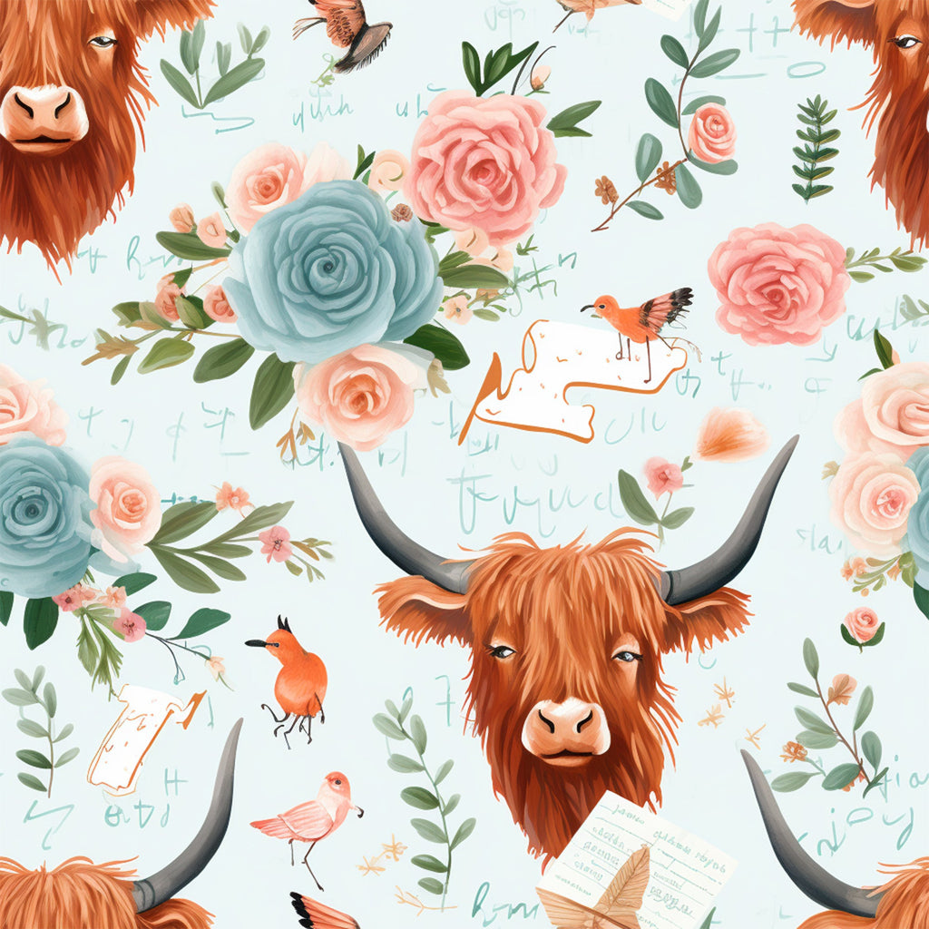 highland cows, orange brown fur, coral pink roses, sage green leaves, dusty blue flowers, small birds, horns, shaggy hair, watercolor style, floral pattern, pastoral theme, scottish cattle, botanical elements,, fabric panel, whimsical illustration, nature motif, farm animals, soft pastels, handdrawn art