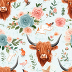 highland cows, orange brown fur, coral pink roses, sage green leaves, dusty blue flowers, small birds, horns, shaggy hair, watercolor style, floral pattern, pastoral theme, scottish cattle, botanical elements,, fabric panel, whimsical illustration, nature motif, farm animals, soft pastels, handdrawn art