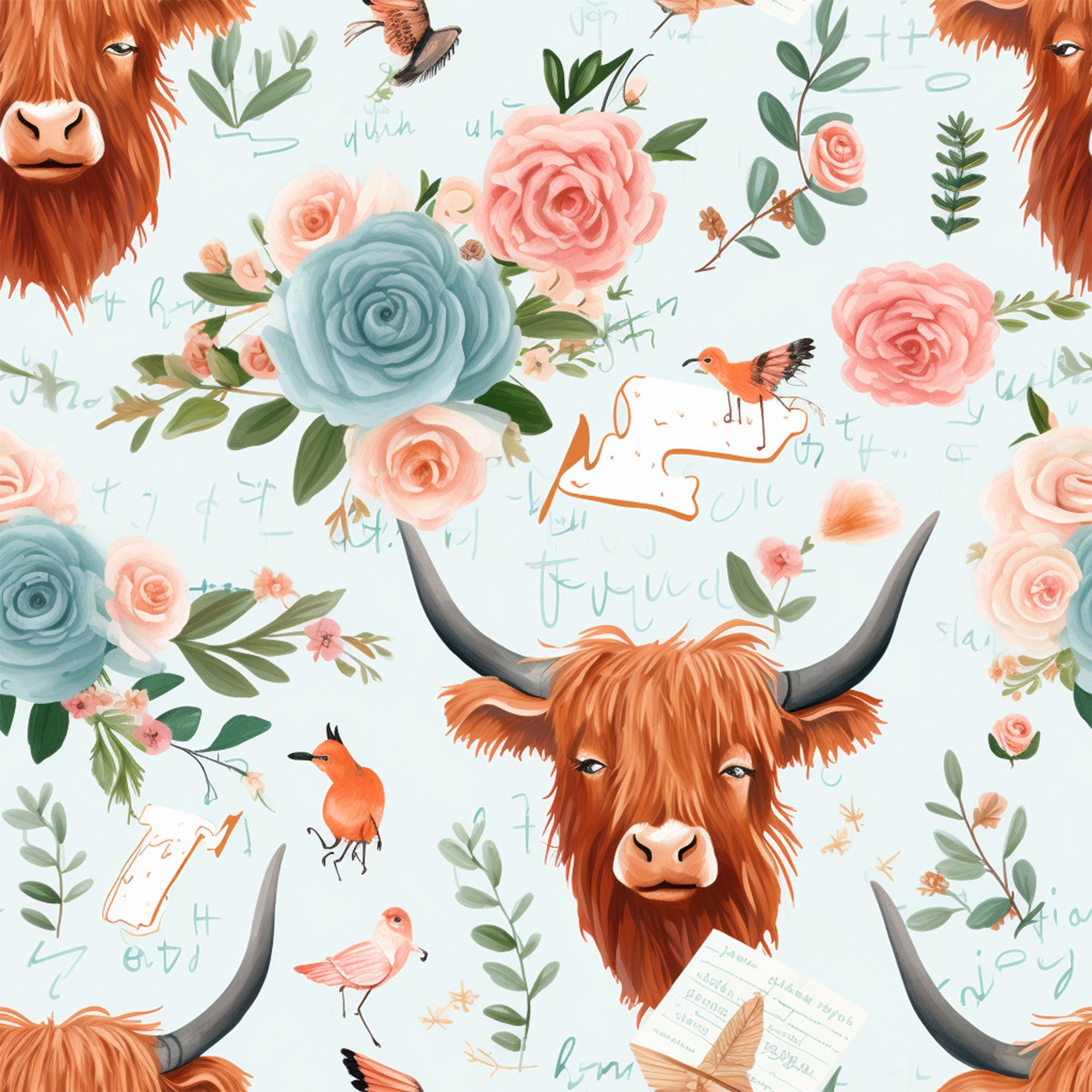 highland cows, orange brown fur, coral pink roses, sage green leaves, dusty blue flowers, small birds, horns, shaggy hair, watercolor style, floral pattern, pastoral theme, scottish cattle, botanical elements,, fabric panel, whimsical illustration, nature motif, farm animals, soft pastels, handdrawn art