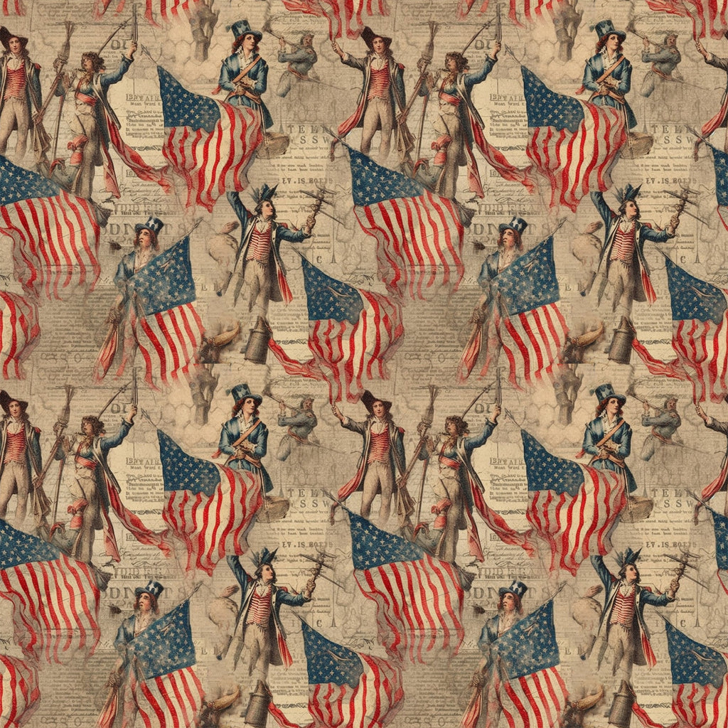 red, white, blue, patriotic soldiers, colonial figures, american flags, stars and stripes, vintage illustrations, historical theme, revolutionary war, military uniforms, flag bearers, repeating pattern,, fabric panel, americana motif, beige background, period costumes, drumming soldiers, marching band
