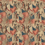 red, white, blue, patriotic soldiers, colonial figures, american flags, stars and stripes, vintage illustrations, historical theme, revolutionary war, military uniforms, flag bearers, repeating pattern,, fabric panel, americana motif, beige background, period costumes, drumming soldiers, marching band