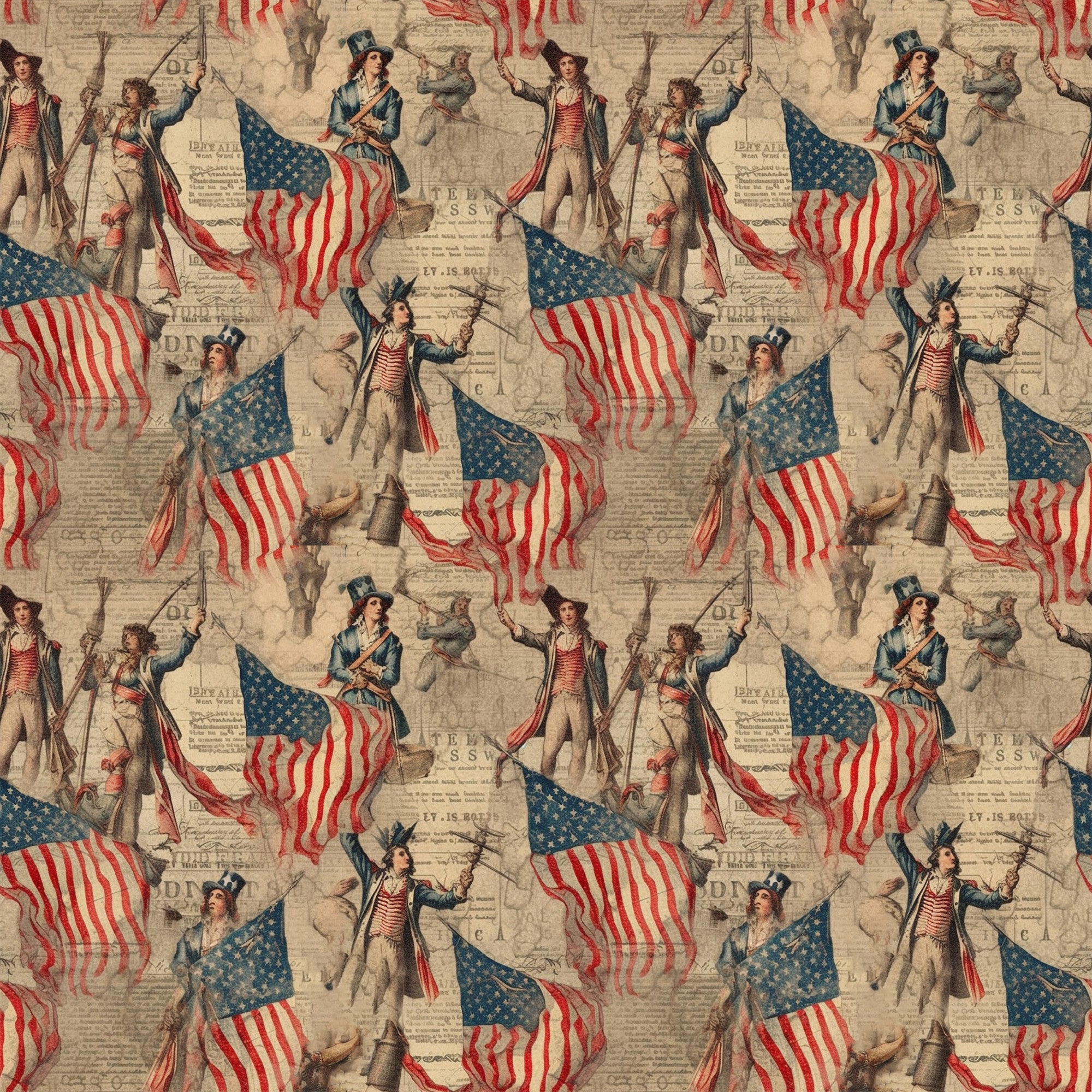 red, white, blue, patriotic soldiers, colonial figures, american flags, stars and stripes, vintage illustrations, historical theme, revolutionary war, military uniforms, flag bearers, repeating pattern,, fabric panel, americana motif, beige background, period costumes, drumming soldiers, marching band