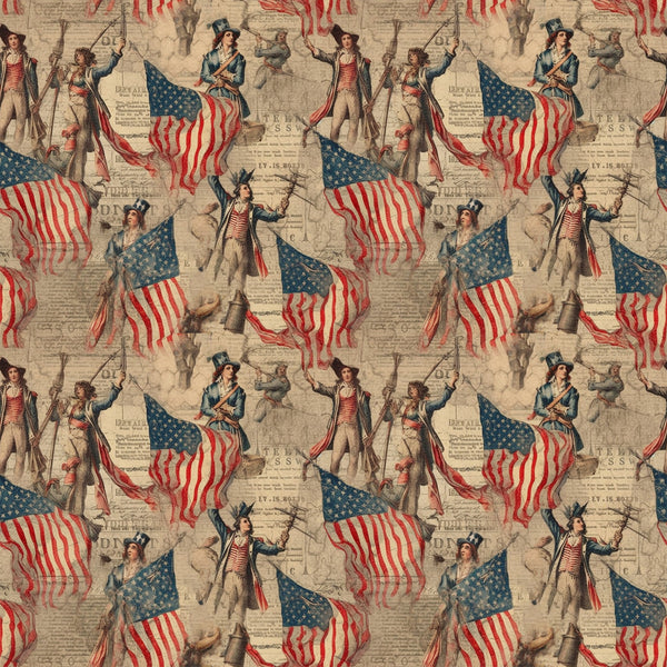 red, white, blue, patriotic soldiers, colonial figures, american flags, stars and stripes, vintage illustrations, historical theme, revolutionary war, military uniforms, flag bearers, repeating pattern,, fabric panel, americana motif, beige background, period costumes, drumming soldiers, marching band