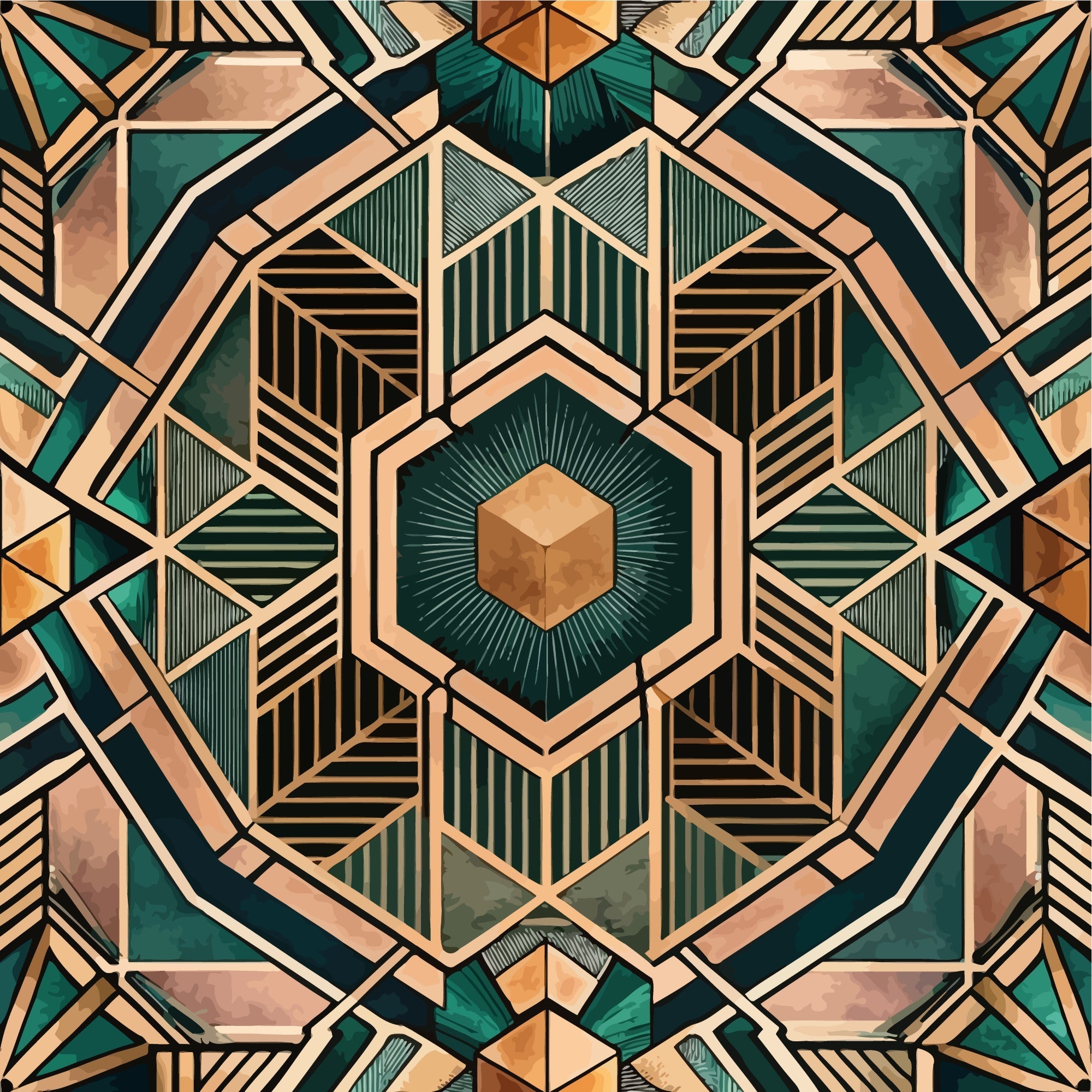 emerald green, copper bronze, geometric mandala, art deco style, hexagonal center, radiating lines, symmetrical pattern, metallic accents,, fabric panel, angular shapes, vintage inspired, jewel tones, ornate design, kaleidoscope effect, architectural motifs, luxury aesthetic, intricate geometry