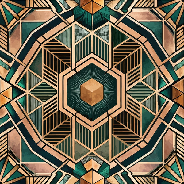emerald green, copper bronze, geometric mandala, art deco style, hexagonal center, radiating lines, symmetrical pattern, metallic accents,, fabric panel, angular shapes, vintage inspired, jewel tones, ornate design, kaleidoscope effect, architectural motifs, luxury aesthetic, intricate geometry