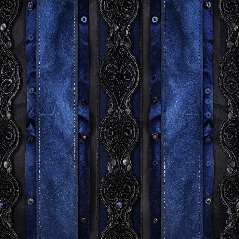 navy blue, deep blue, denim blue, black, metallic silver, ornate, baroque, damask, decorative, elegant, vintage, gothic, steampunk, formal, sophisticated, ornamental scrolls, filigree, studded, rivets, classic, traditional, luxurious, upholstery-inspired, home decor, men's style, masculine, moody, dramatic