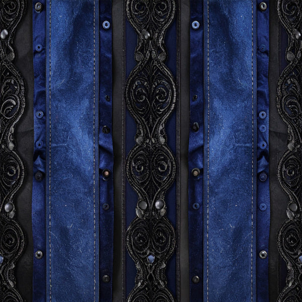 navy blue, deep blue, denim blue, black, metallic silver, ornate, baroque, damask, decorative, elegant, vintage, gothic, steampunk, formal, sophisticated, ornamental scrolls, filigree, studded, rivets, classic, traditional, luxurious, upholstery-inspired, home decor, men's style, masculine, moody, dramatic