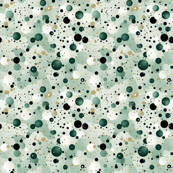 sage green, forest green, black, white, tan, beige, polka dots, confetti pattern, scattered circles, geometric design, modern abstract, contemporary style,, fabric panel, random dots, bubble pattern, neutral tones, earth colors, scattered motifs, playful design