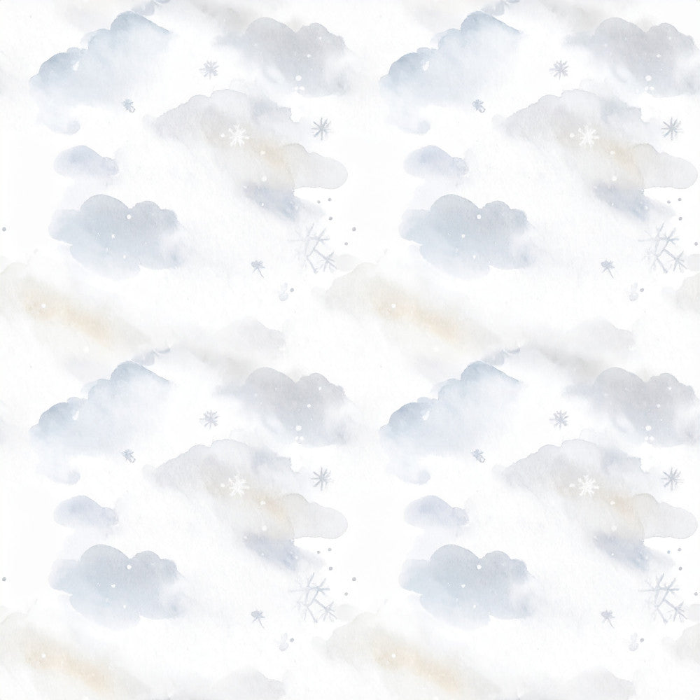 soft blue, pale gray, cream, white, watercolor clouds, snowflakes, winter, celestial, dreamy, whimsical, gentle, soothing, nursery, baby room, kids room, peaceful, serene, snowy, frosty, nature-inspired, abstract clouds, delicate snowflakes, light and airy, modern, soft pastels, winter wonderland, baby shower, newborn, calming, ethereal