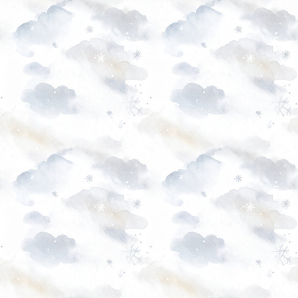 soft blue, pale gray, cream, white, watercolor clouds, snowflakes, winter, celestial, dreamy, whimsical, gentle, soothing, nursery, baby room, kids room, peaceful, serene, snowy, frosty, nature-inspired, abstract clouds, delicate snowflakes, light and airy, modern, soft pastels, winter wonderland, baby shower, newborn, calming, ethereal