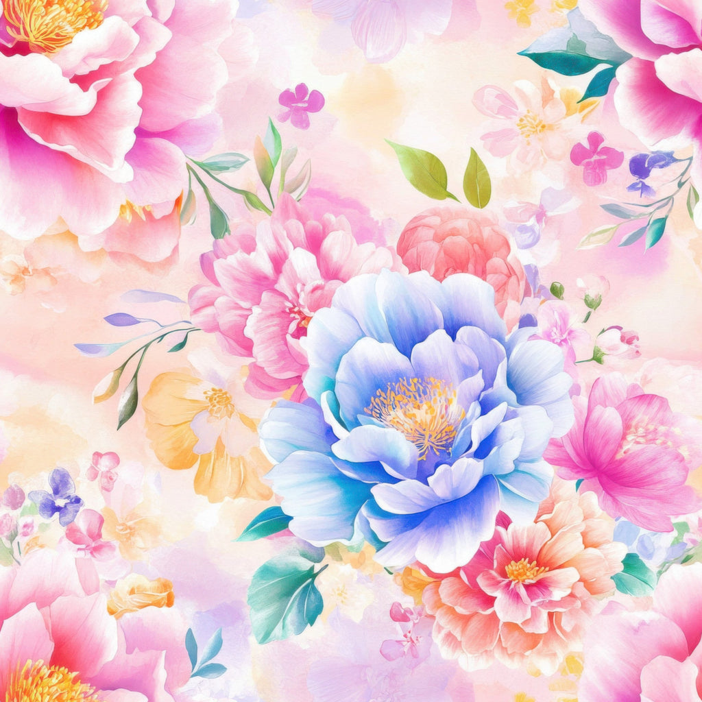 japanese floral, watercolor style, pink flowers, blue peony, coral blooms, yellow stamens, green leaves, pastel colors, soft pastels, floral pattern, botanical design, delicate flowers, dreamy aesthetic,, fabric panel, spring florals, romantic florals, layered petals, artistic blooms, feminine design