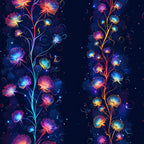 midnight blue, navy background, colorful dandelions, gradient flowers, pink blooms, orange petals, blue florals, purple flowers, yellow accents, starry night, cosmic pattern, whimsical design, botanical motifs, seed heads, flowing stems, dreamy atmosphere,, fabric panel, night sky, celestial elements