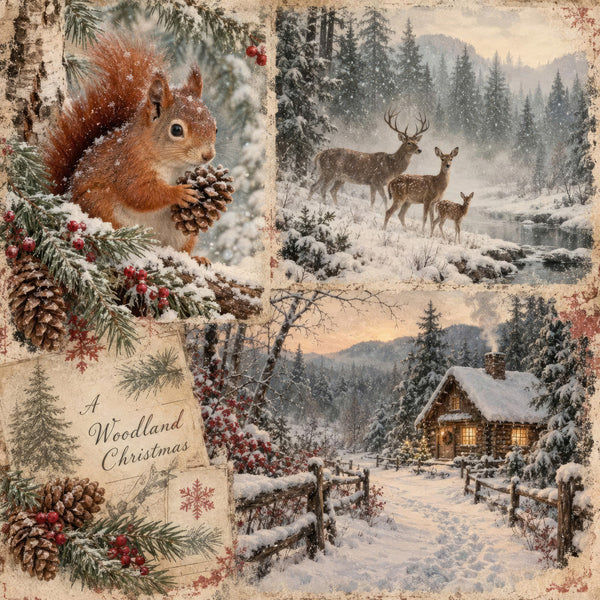 woodland christmas, forest green, cream, red berries, brown, vintage, rustic, holiday, winter, snow, cabin, deer, squirrel, evergreen trees, pinecones, cabin core, festive, cozy, nature, animals, winter forest, snowy landscape, log cabin, warm lighting, traditional, nostalgic, christmas decor, woodland animals, forest scene, wintery