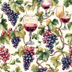 burgundy, deep purple, forest green, cream background, watercolor style, wine glasses, grape clusters, vineyard leaves, grapevines, botanical pattern,, fabric panel, wine theme, autumn colors, repeating pattern, elegant design, viticulture motif, harvest scene, artistic illustration, seamless repeat
