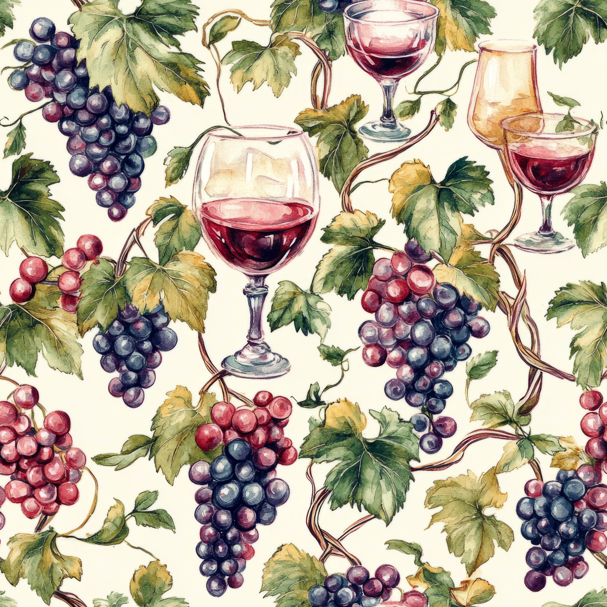 burgundy, deep purple, forest green, cream background, watercolor style, wine glasses, grape clusters, vineyard leaves, grapevines, botanical pattern,, fabric panel, wine theme, autumn colors, repeating pattern, elegant design, viticulture motif, harvest scene, artistic illustration, seamless repeat