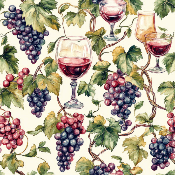 burgundy, deep purple, forest green, cream background, watercolor style, wine glasses, grape clusters, vineyard leaves, grapevines, botanical pattern,, fabric panel, wine theme, autumn colors, repeating pattern, elegant design, viticulture motif, harvest scene, artistic illustration, seamless repeat