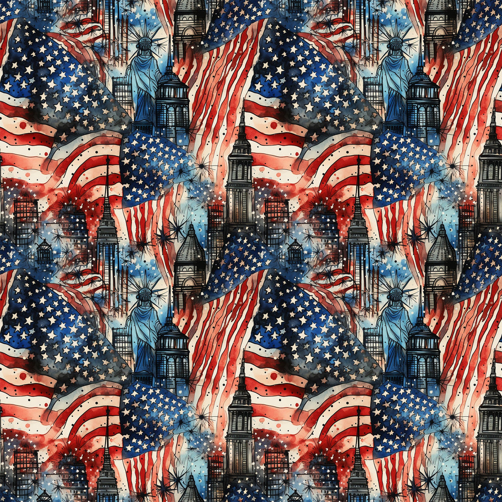 patriotic, grunge, red white blue, american flag, stars stripes, statue of liberty, city skyline, skyscrapers, fireworks, distressed texture, weathered, vintage style,, fabric panel, repeating pattern, patriotic theme, urban landscape, americana, independence day, fourth of july