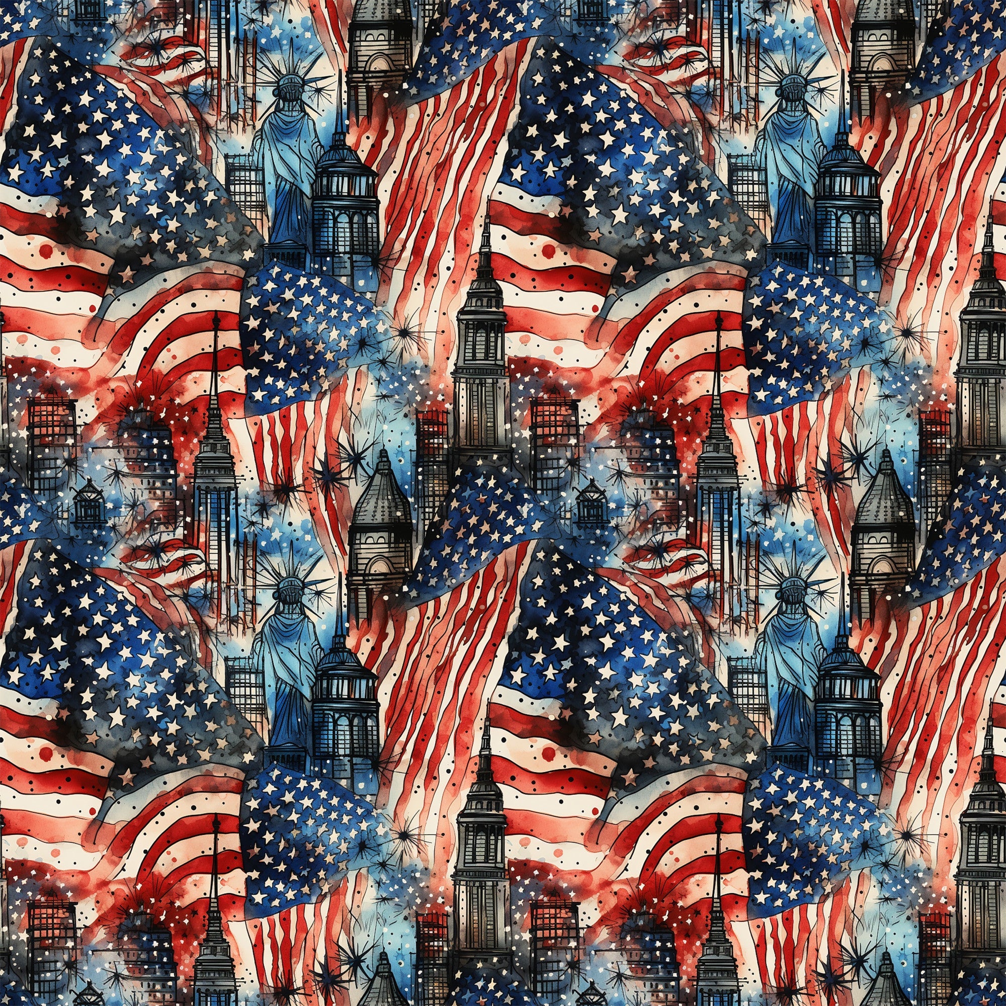patriotic, grunge, red white blue, american flag, stars stripes, statue of liberty, city skyline, skyscrapers, fireworks, distressed texture, weathered, vintage style,, fabric panel, repeating pattern, patriotic theme, urban landscape, americana, independence day, fourth of july