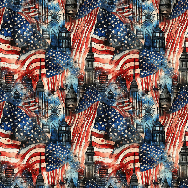 patriotic, grunge, red white blue, american flag, stars stripes, statue of liberty, city skyline, skyscrapers, fireworks, distressed texture, weathered, vintage style,, fabric panel, repeating pattern, patriotic theme, urban landscape, americana, independence day, fourth of july