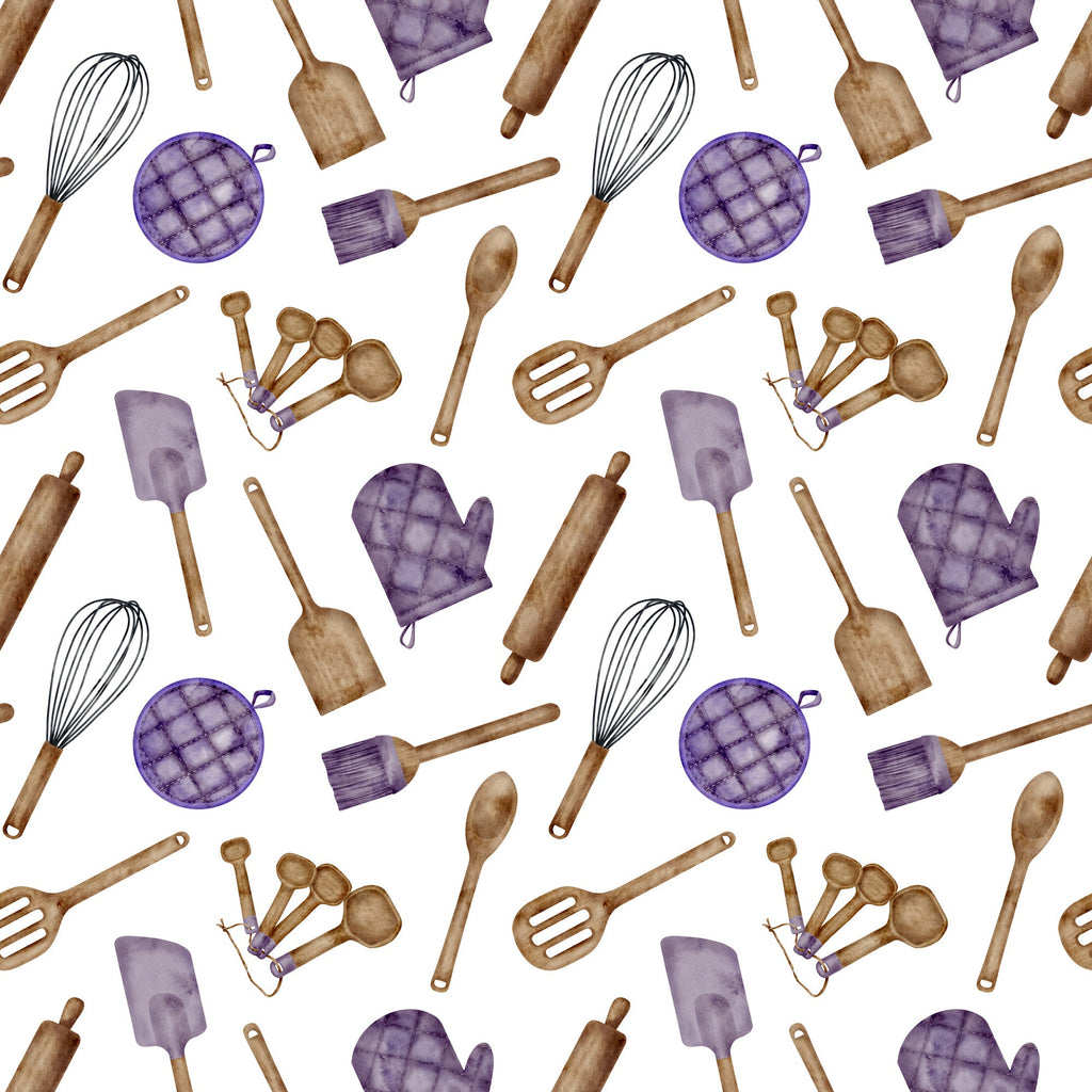watercolor, baking pattern, kitchen utensils, purple accents, brown wooden tools,, fabric panel, cooking theme, whisk, rolling pin, measuring spoons, oven mitt, spatula, pastry brush, culinary design, repeating pattern, hand-painted style, chef accessories, baking tools, soft colors