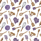 watercolor, baking pattern, kitchen utensils, purple accents, brown wooden tools,, fabric panel, cooking theme, whisk, rolling pin, measuring spoons, oven mitt, spatula, pastry brush, culinary design, repeating pattern, hand-painted style, chef accessories, baking tools, soft colors