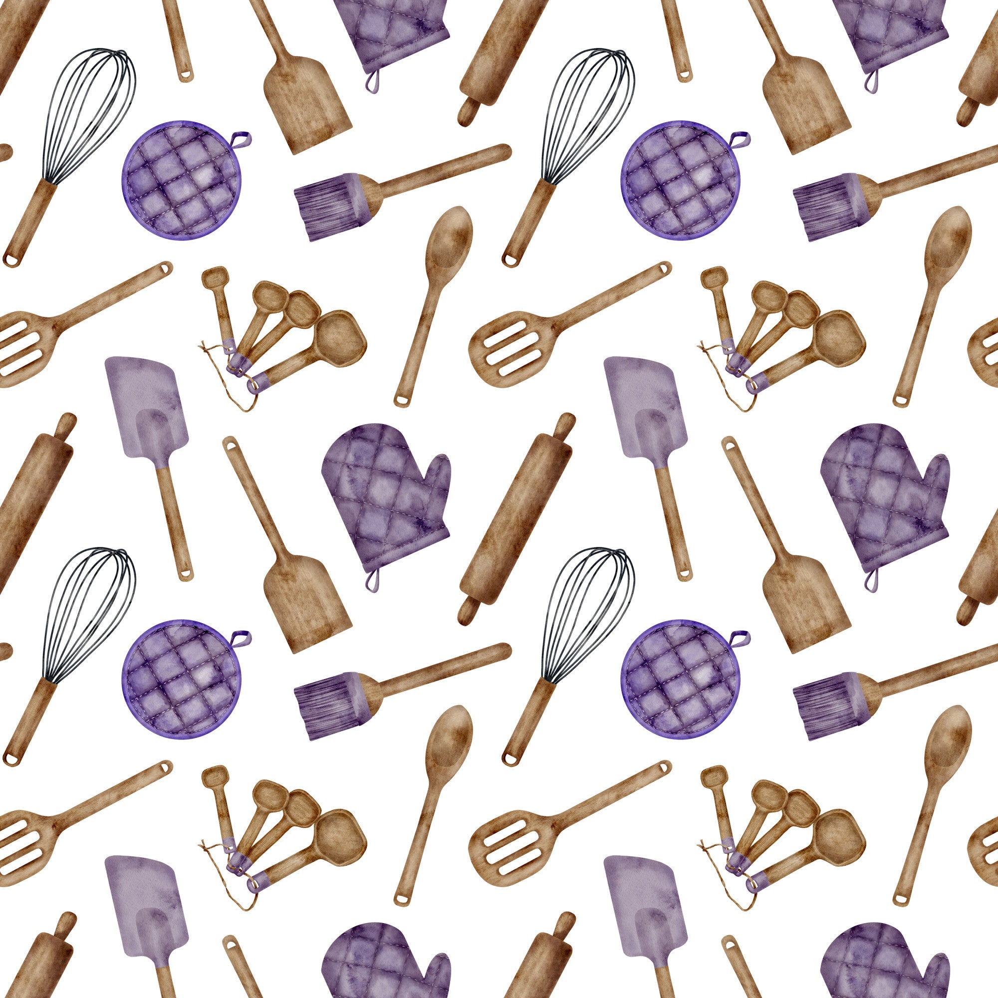 watercolor, baking pattern, kitchen utensils, purple accents, brown wooden tools,, fabric panel, cooking theme, whisk, rolling pin, measuring spoons, oven mitt, spatula, pastry brush, culinary design, repeating pattern, hand-painted style, chef accessories, baking tools, soft colors
