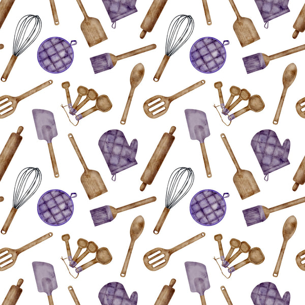 watercolor, baking pattern, kitchen utensils, purple accents, brown wooden tools,, fabric panel, cooking theme, whisk, rolling pin, measuring spoons, oven mitt, spatula, pastry brush, culinary design, repeating pattern, hand-painted style, chef accessories, baking tools, soft colors
